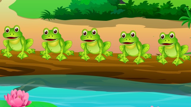 illustration of five frogs on a log